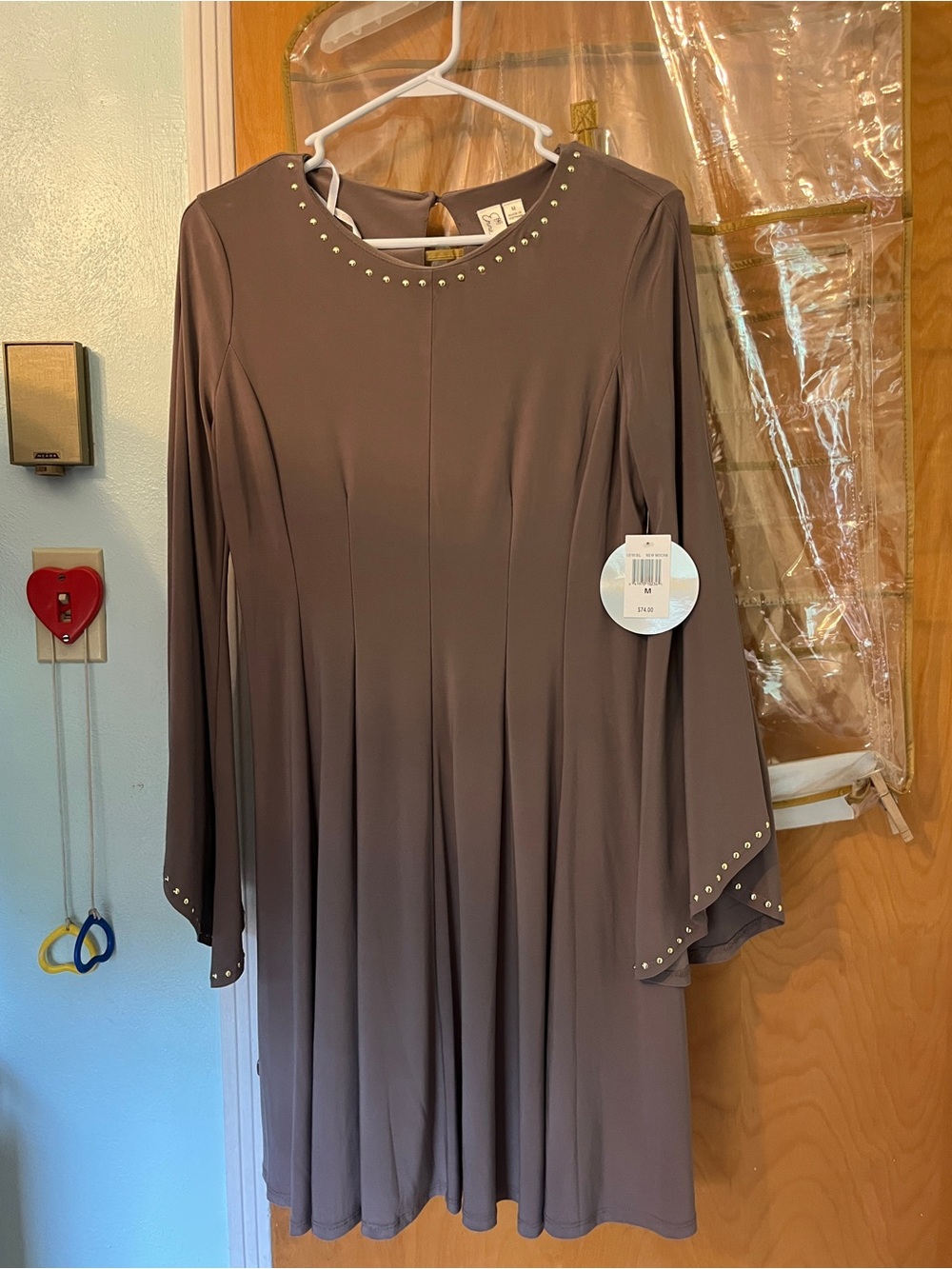 Emma & Michele Taupe Long-Sleeve Midi Dress with Stud Trim